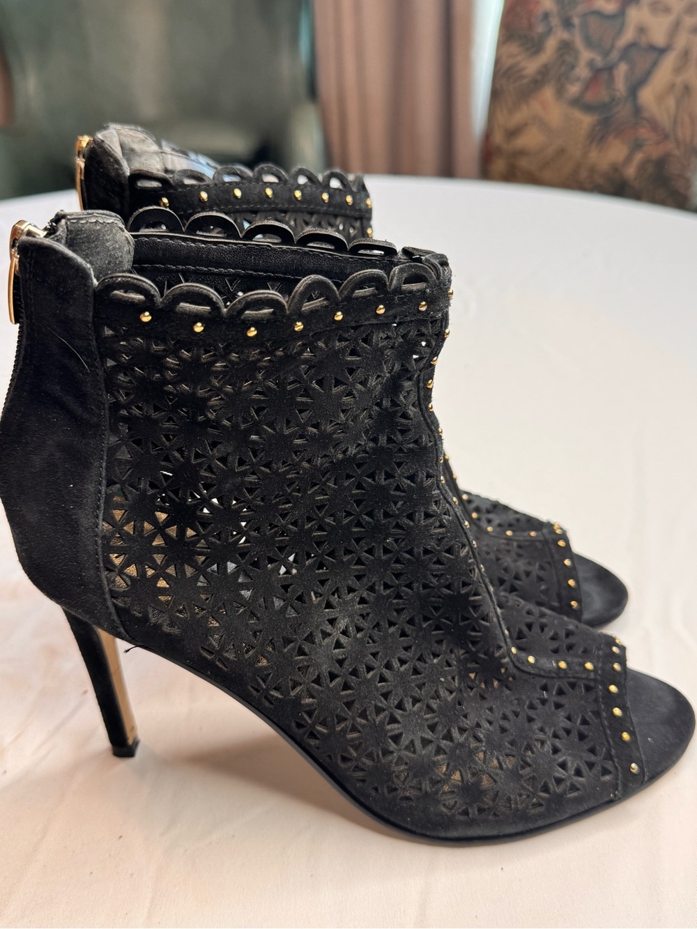 Marc Fisher Black Suede Back Zip Peep Toe 4" Stiletto Booties Ankle Boots 8